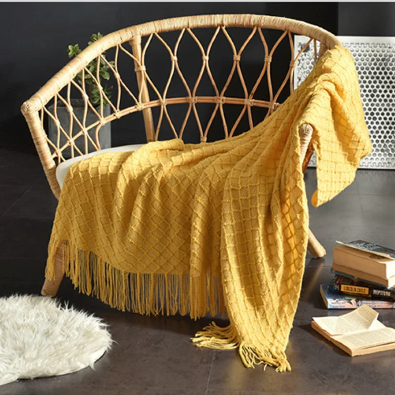 Boho Throw Blanket Fringe - Manta de malha texturizada amarela mostarda,