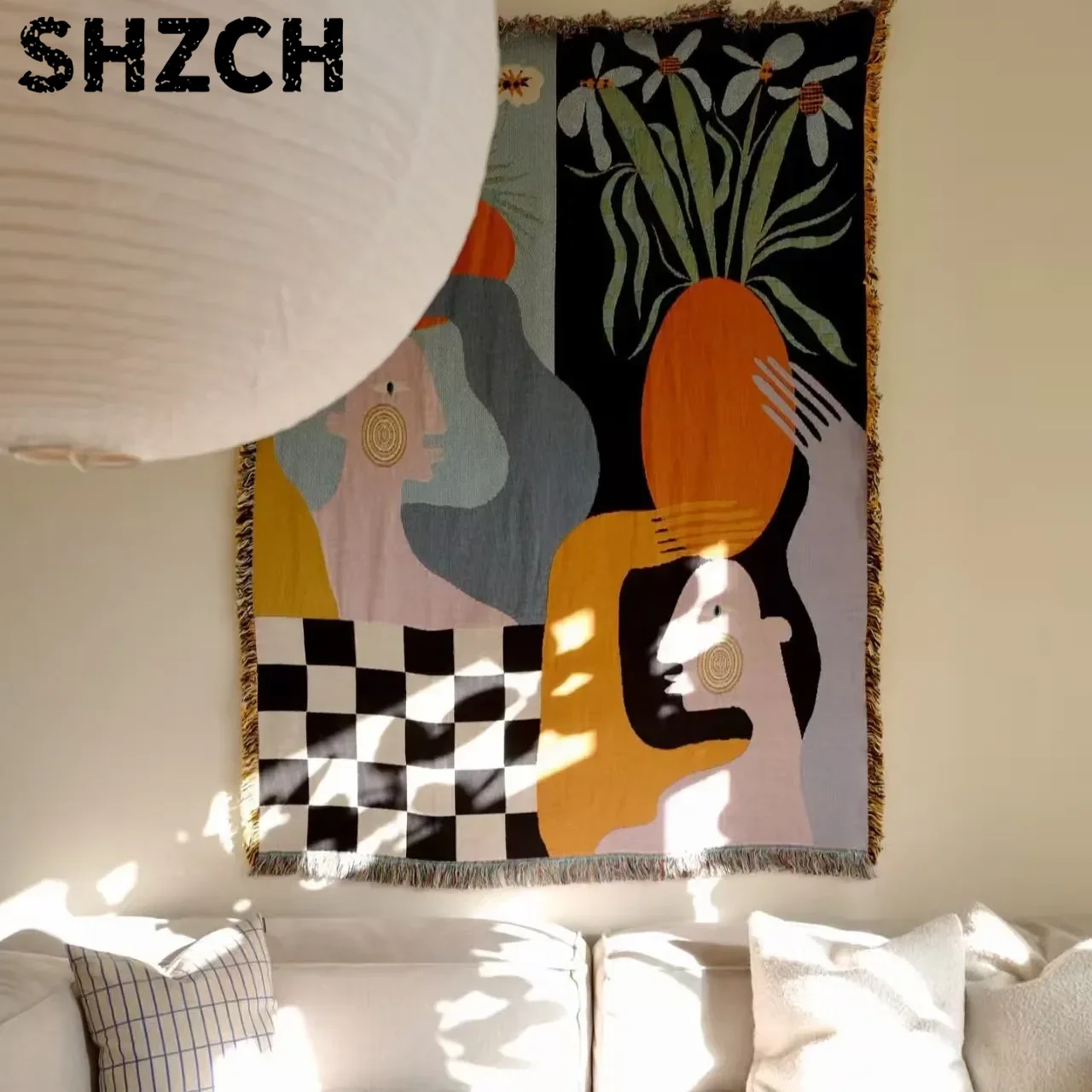 Boho Throw Blanket Fringe - Tapeçaria de arte abstrata moderna, estilo
