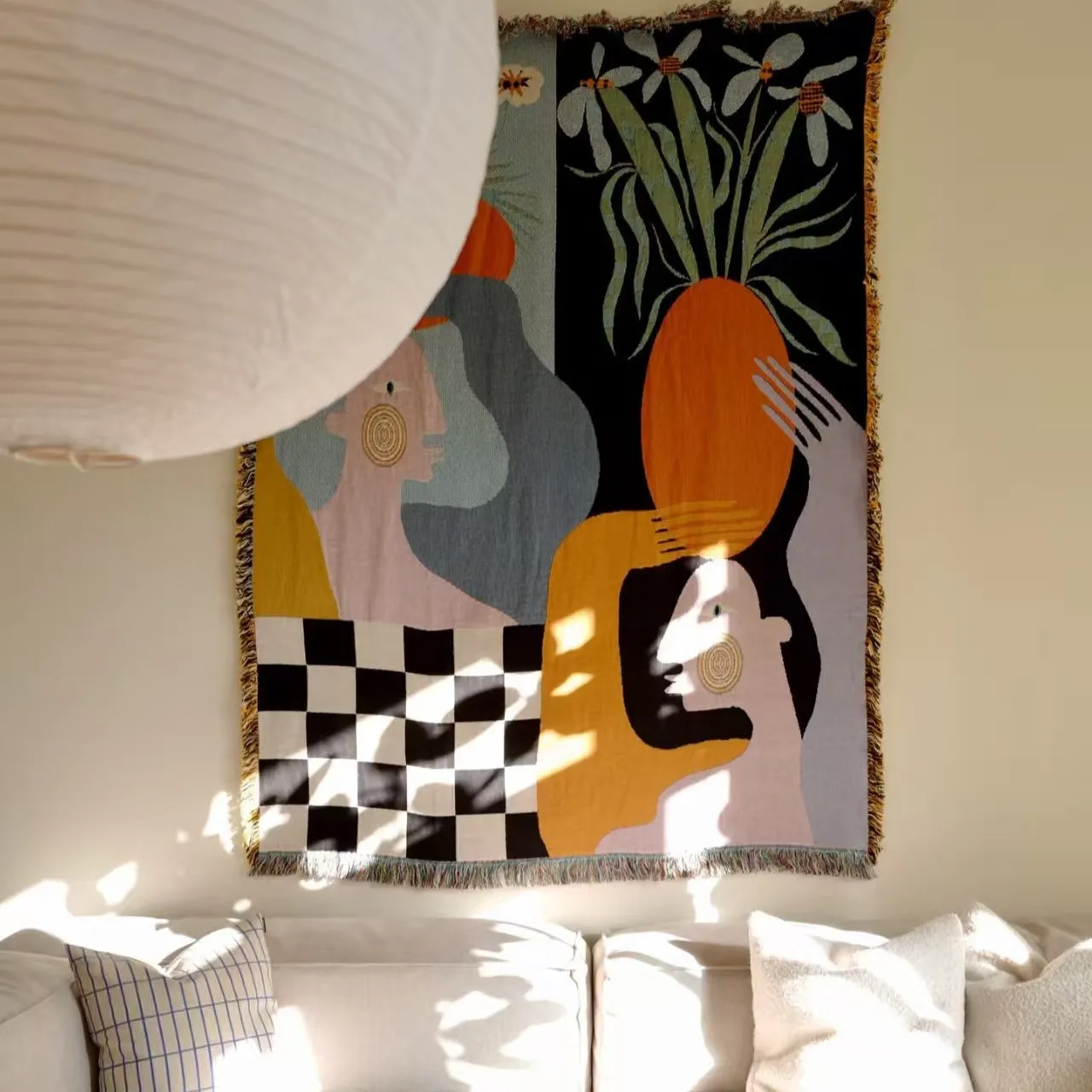 Boho Throw Blanket Fringe - Tapeçaria de arte abstrata moderna, estilo